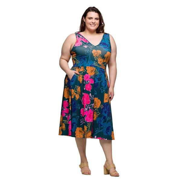 Plus Size 24/7 Comfort Apparel Blue Floral Pleated Pocket Dress