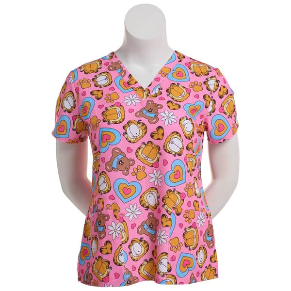 Womens Short Sleeve Garfield & Pooky Flowers Pajama Scrub Top
