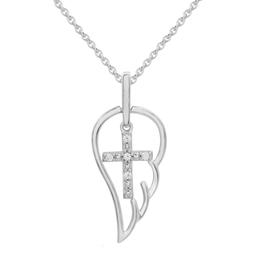 Natural Diamond Sterling Silver Angel Wing Cross Pendant Necklace