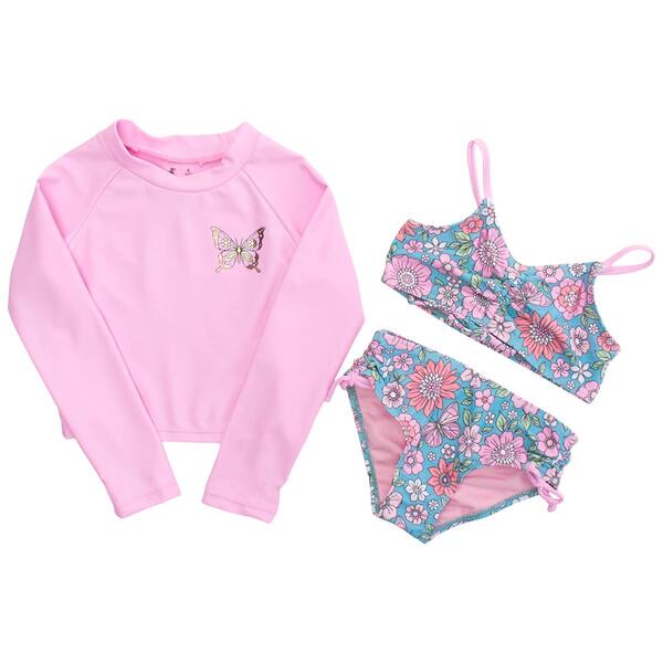 Girls &#40;4-6x&#41; Kensie Girl 3-in-1 Floral Rash Guard Swim Set - image 