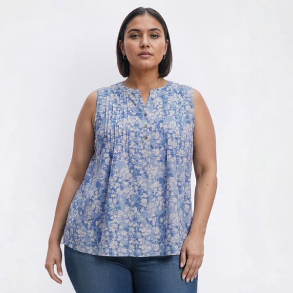 Plus Size Napa Valley Sleeveless Floral Leaf Pleat Henley Blouse - image 