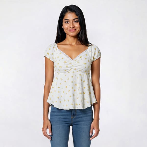 Juniors Pink Rose Crinkle Knit Puff Sleeve Peplum Top - image 