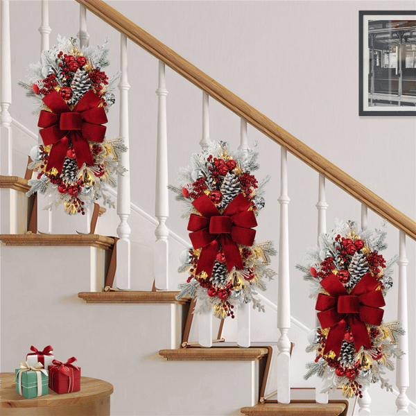 Puleo International 28in. Pre-Lit Adorned Flocked Banister Swag