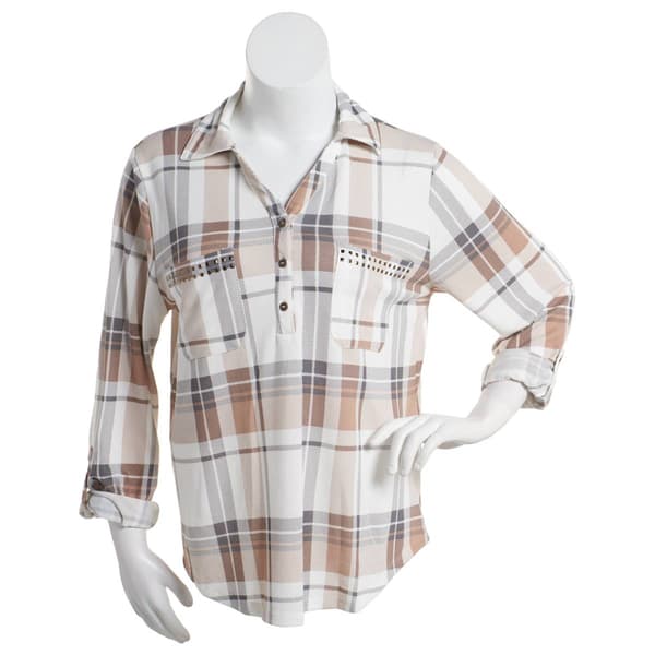 Plus Size New York Laundry Long Sleeve Plaid Henley - Cream - image 
