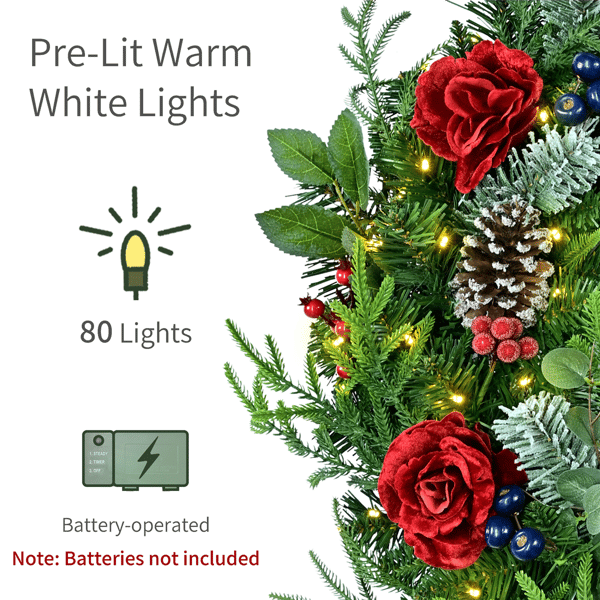 Puleo International 26in. Pre-Lit LED Rose Adorned Wreath