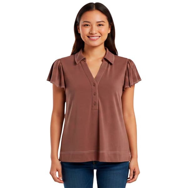 Womens Adrianna Papell Flutter Sleeve Solid Henley Blouse