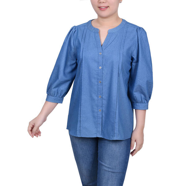 Womens NY Collection 3/4 Roll Sleeve Denim Button Down Blouse - image 