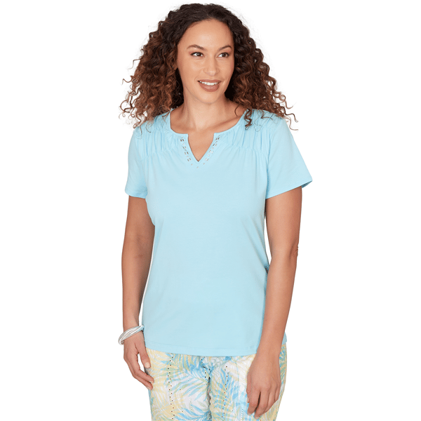 Plus Size Hearts of Palm Aqua Fresh Smock Shoulder Blouse