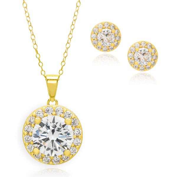 2pc. Gold Plated & CZ Round Halo Earrings & Pendant Set - image 