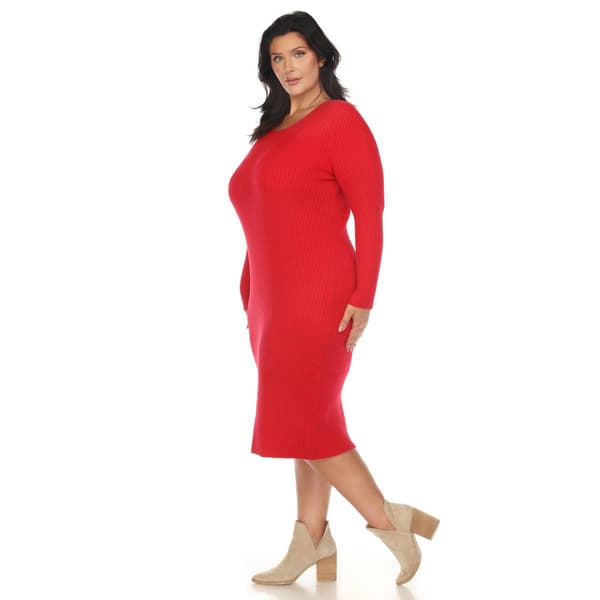 Plus Size White Mark Long Sleeve Rib Midi Sweater Dress