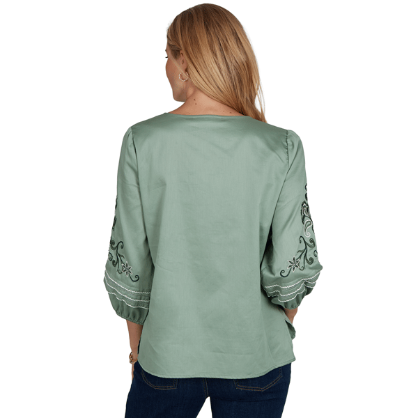 Womens Ruby Rd. Game of Luxe Embroidered Sleeve Voile Blouse