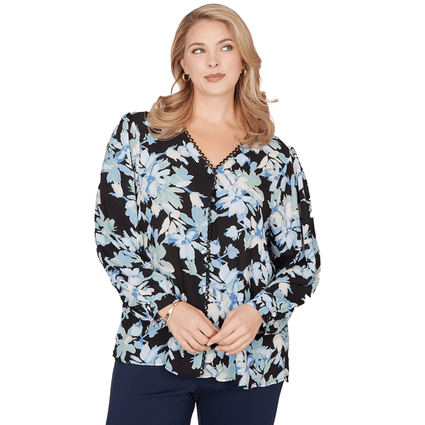 Plus Size Emaline Seabreeze Essence Long Sleeve Button Front Blo