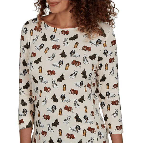Womens Emaline Key Items 3/4 Sleeve Boat Neck All Over Dog Tee