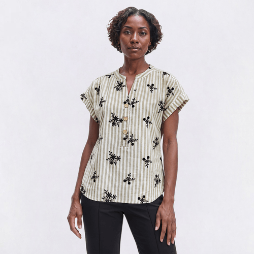 Womens Como Black Dolman Sleeve Linen Stripe Leaf Blouse