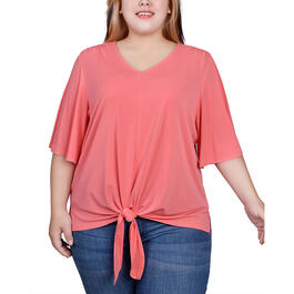 Plus Size NY Collection Elbow Sleeve Tie Front Crepe Top - Coral