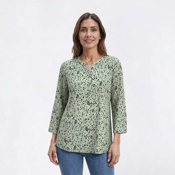 Womens Napa Valley 3/4 Sleeve Vine Floral Pleat Henley Blouse - image 