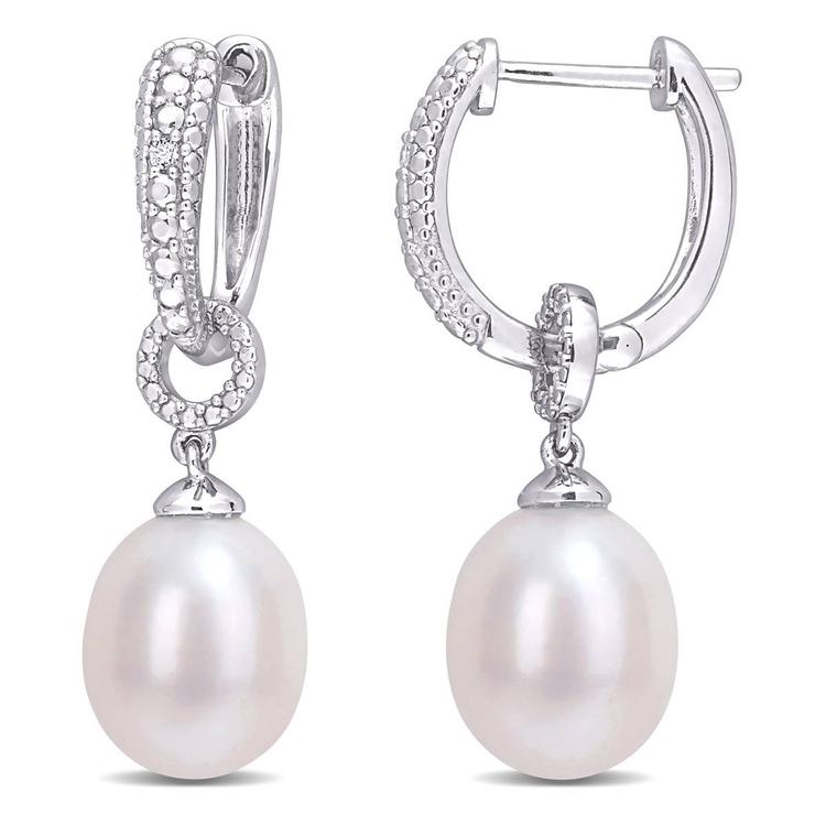 Gemstone Classics(tm) Pearl & Diamond Drop Hoop Earrings