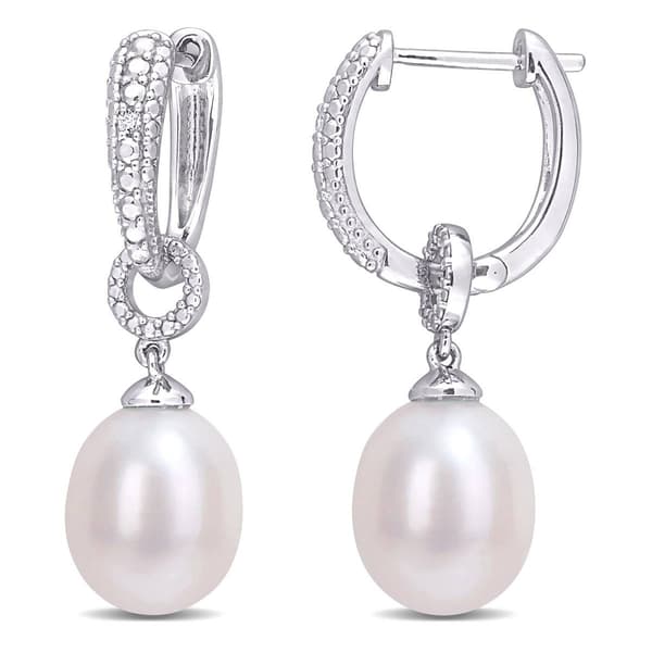 Gemstone Classics&#40;tm&#41; Pearl & Diamond Drop Hoop Earrings