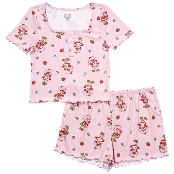 Juniors Strawberry Shortcake Lettuce Edge Henley Boxer Pajama Set - image 