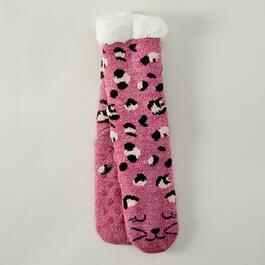 Womens Fuzzy Babba Long Leopard Cat Face Slipper Socks