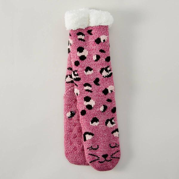 Womens Fuzzy Babba Long Leopard Cat Face Slipper Socks - image 