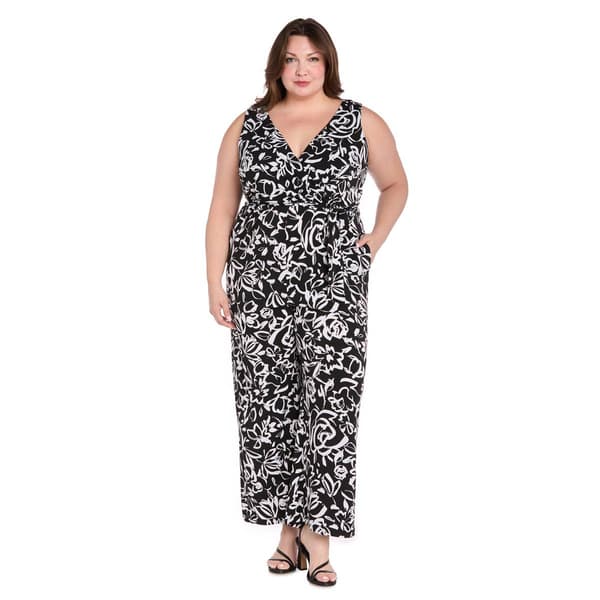 Plus Size R&M Richards Floral Tie Waist Jumpsuit