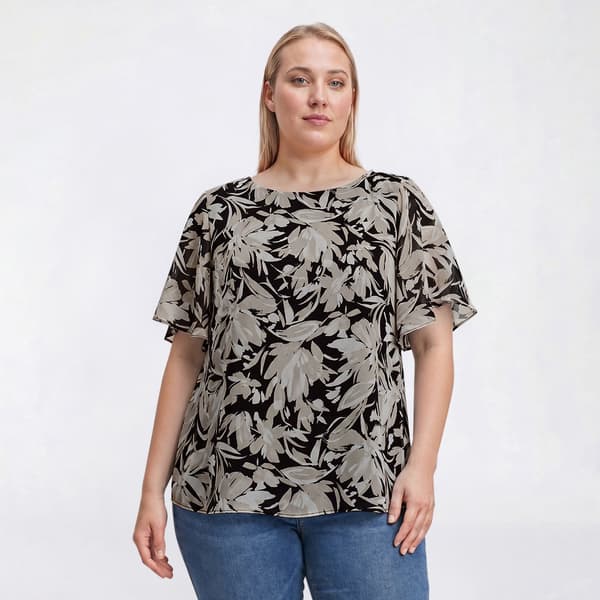 Plus Size Kasper Short Flare Sleeve Leaf Blouse