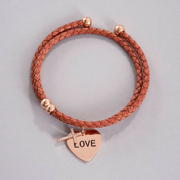 Inspirational Pink Leather Bracelet w/ Rose Gold Cross - image 
