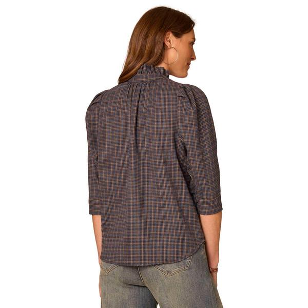 Womens Democracy 3/4 Sleeve Ruffle Neck Plaid Blouse