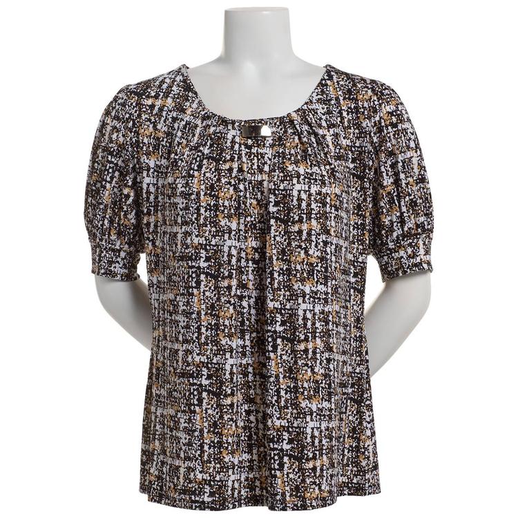Petite Notations Short Sleeve Abstract w/Neck Bar Blouse