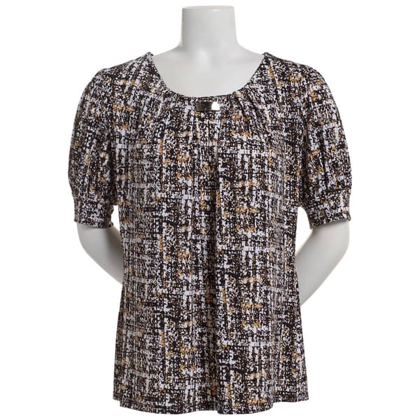 Petite Notations Short Sleeve Abstract w/Neck Bar Blouse