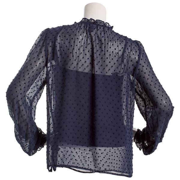 Juniors A. Byer Long Sleeve Clip Dot Tie Neck Blouse