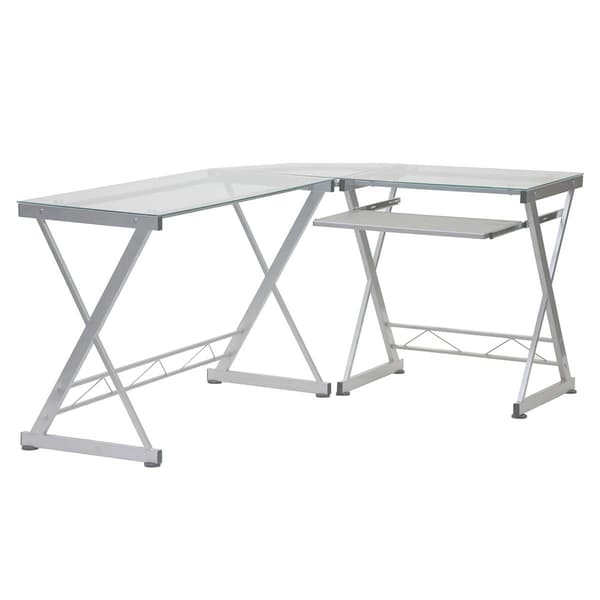 Techni Mobili 62in L-Shaped Glass Computer Desk w/ Keyboard Panel