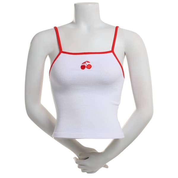 Juniors Derek Heart Ribbed Embroidered Cherry Tank Top