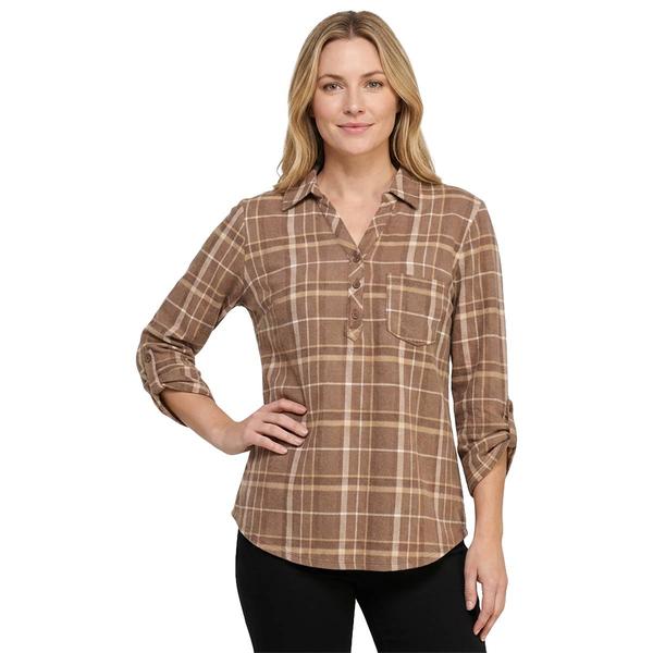 Petites Emily Daniels 3/4 Sleeve Plaid Split Neck Blouse - image 