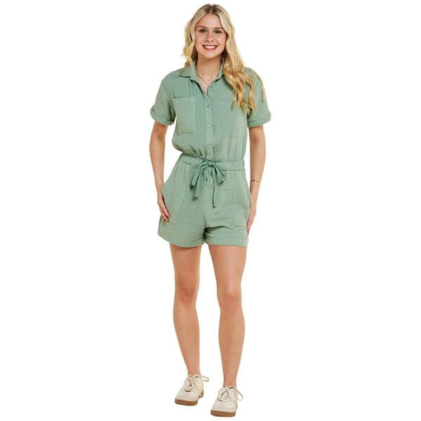 Juniors No Comment Short Sleeve Button Front Cinch Waist Romper - image 