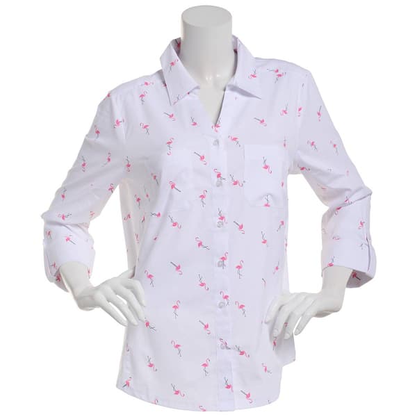 Womens Emily Daniels Long Sleeve Button Front Top- Toss Flamingo