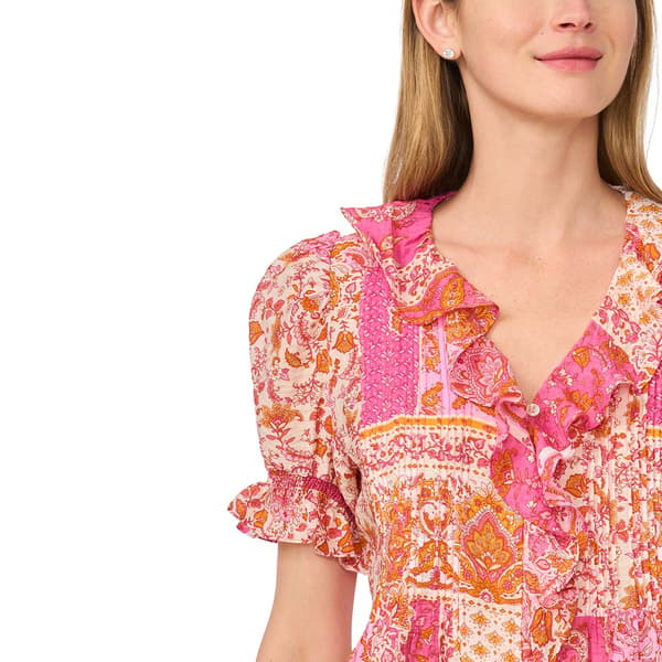 Womens Cece Short Sleeve V Neck Ruffle Front Patchwork Blouse