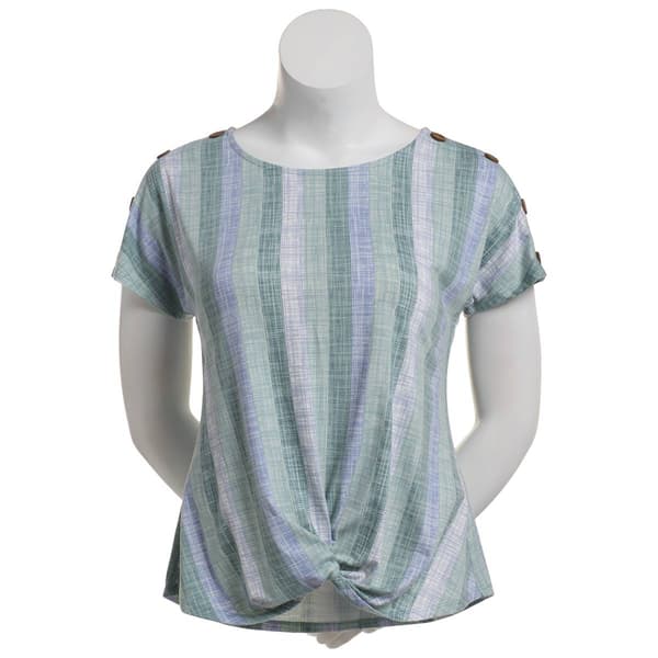 Womens Tru Self Stripe Button Shoulder Twisted Front Tee - image 