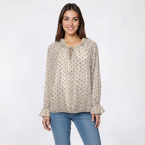 Womens Adrianna Papell Long Sleeve Ruffle Tie Neck Dot Blouse - image 