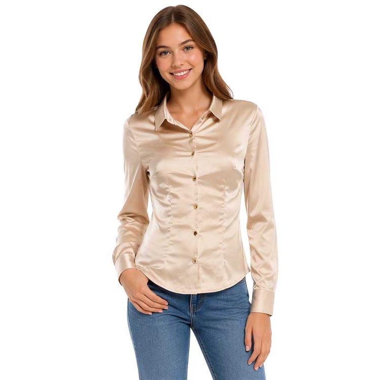 Juniors Love Tree Satin Ruched Button Up Shirt
