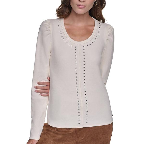 Womens DKNY Jeans U Neck Rhinestuds Puff Long Sleeve Knit Top - image 