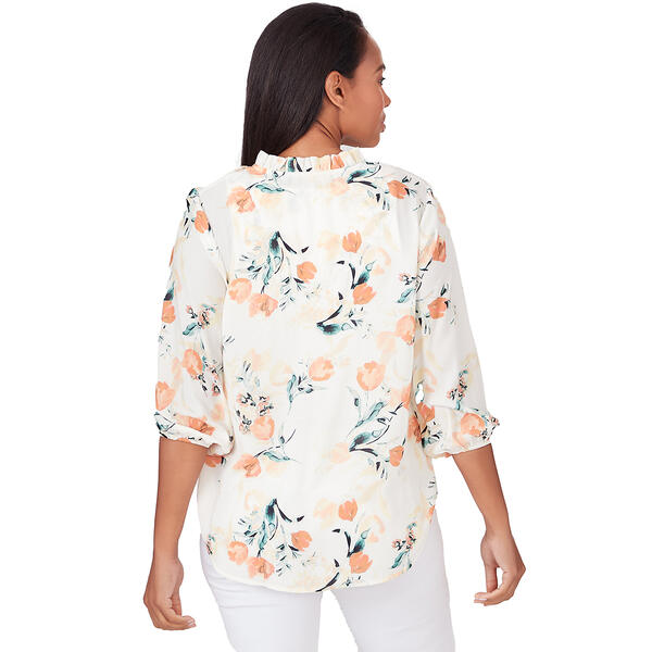 Petite Emaline Patras Ruffled V-Neck Floral Casual Button Down