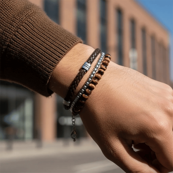 Mens Iron Saints Silver Layered Box Chain & Tiger Eye Bracelet