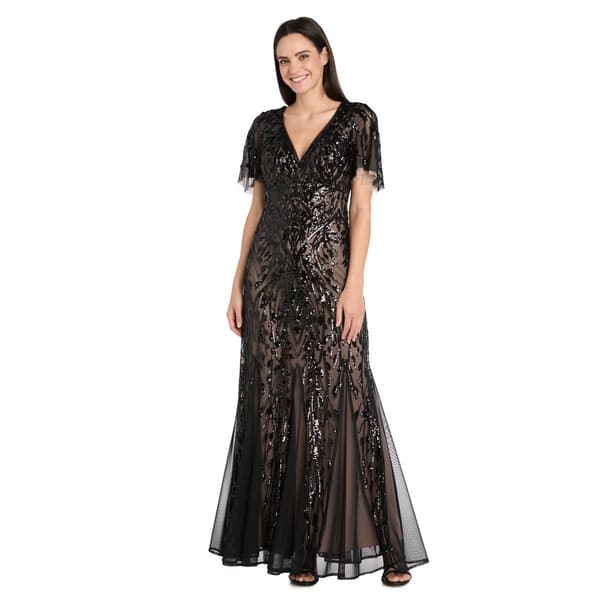 Plus Size R&M Richards Flutter Sleeve V-Neck Sequin Evening Gown
