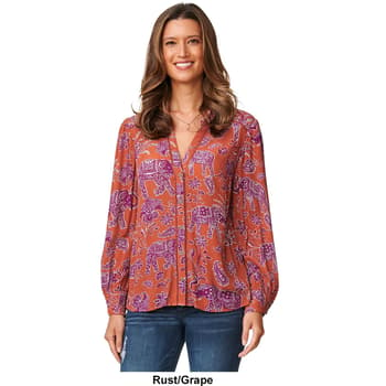 Womens Democracy Long Sleeve Button Down Elephant Blouse - Boscov's