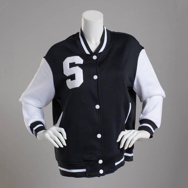 Juniors No Comment Poly Fleece Letterman Jacket with Graphics-B/W - image 