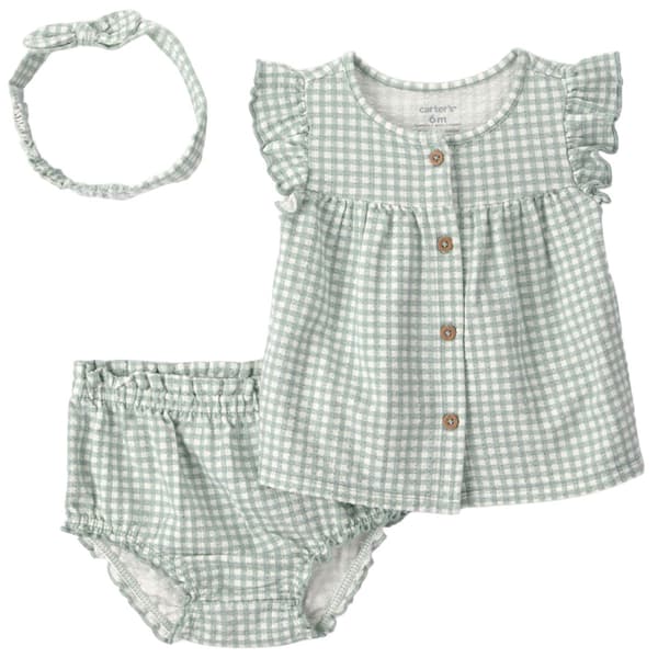 Baby Girl (NB-12M) Carter''s 3Pc Gingham Ss Top/Short W/Hb - image 