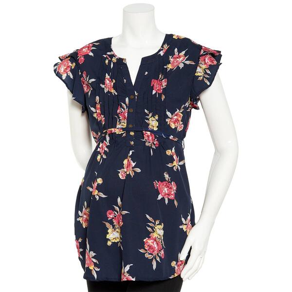 Womens Times Two Flutter Sleeve Floral Tie Waist Maternity Blouse - image 