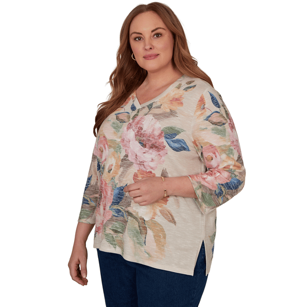 Plus Size Alfred Dunner Camden Market Bold Rose V Neck Blouse